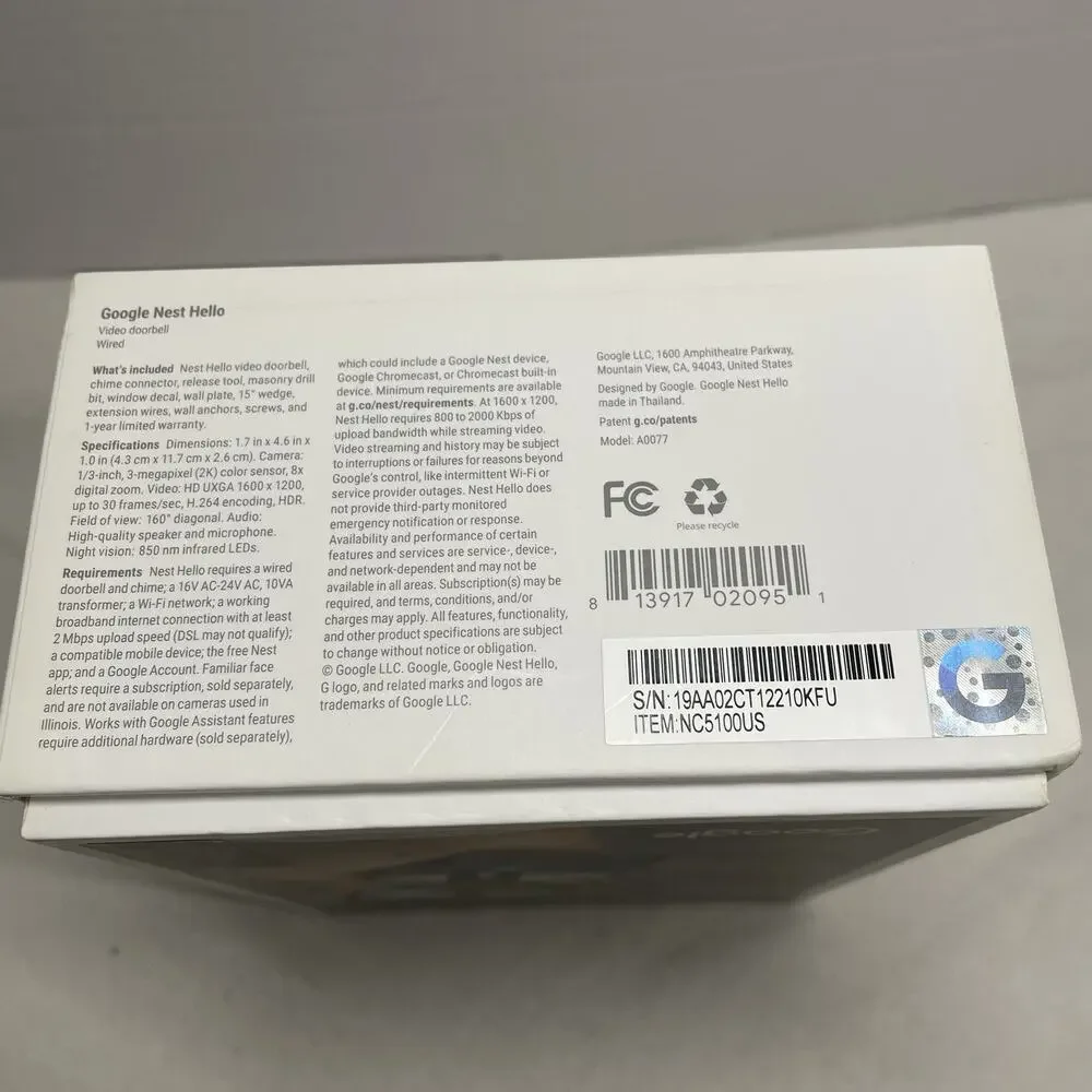 Google Nest Hello Smart WIRED Video Doorbell (NC5100US)